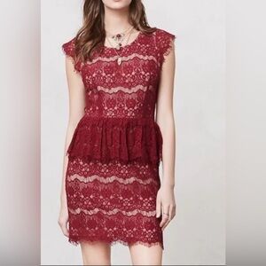 Anthropologie Maeve Women’s X Elsa Small Red Wine Lace Peplum Cocktail Dress XS